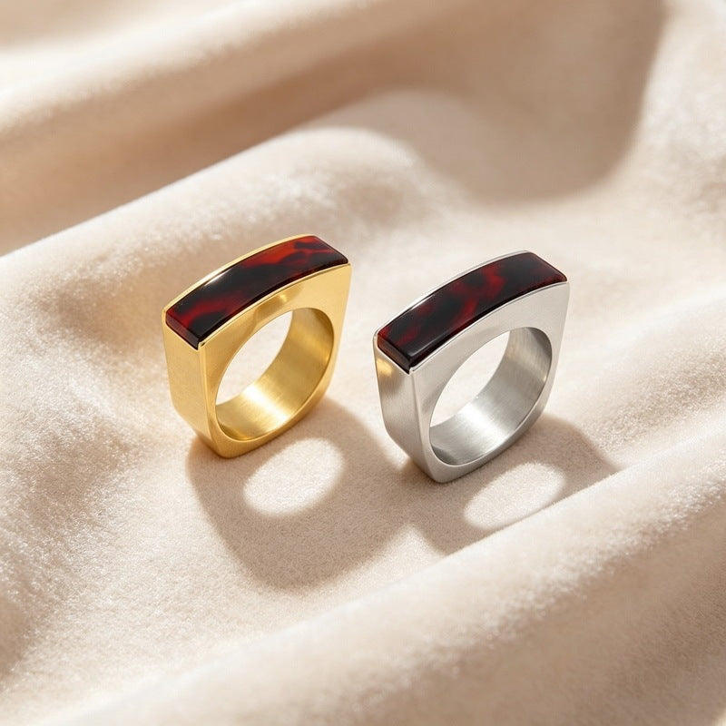 Retro Square Resin Patch Ring, Medieval Women's Stainless Steel Ring