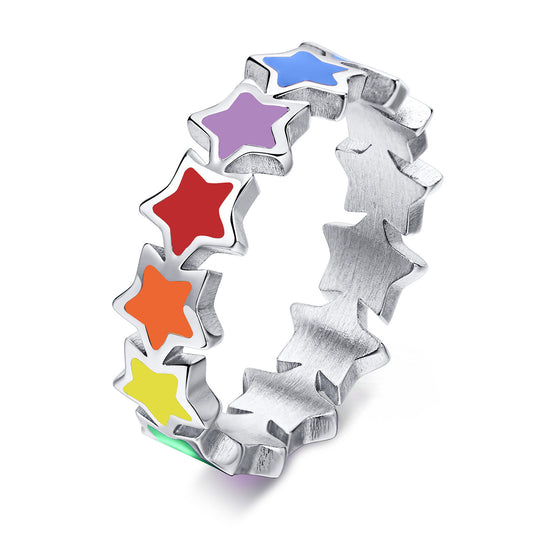 European And American New Color Ring Personalized Fashion Stainless Steel Five-Pointed Star Rainbow Ring