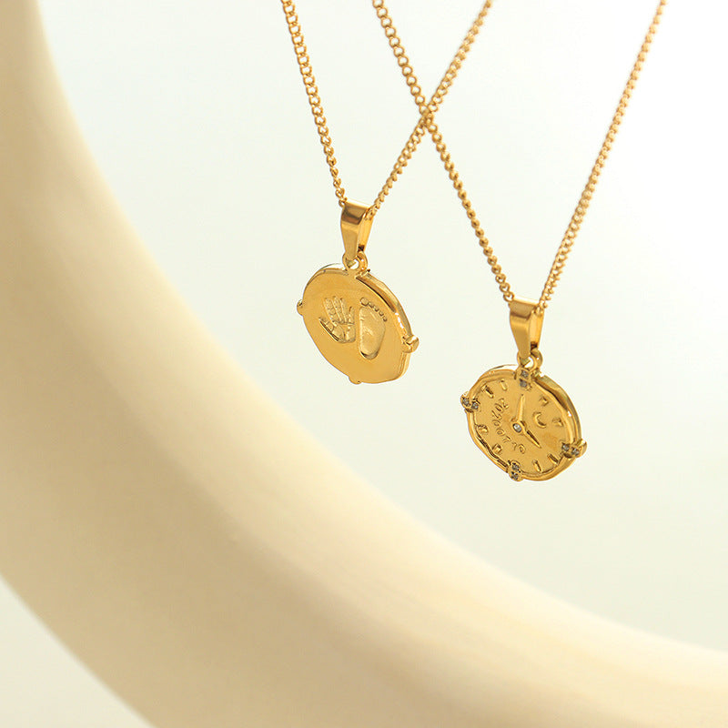 Vintage Zircon Clock Time Necklace with Hand and Foot Imprint Pendant