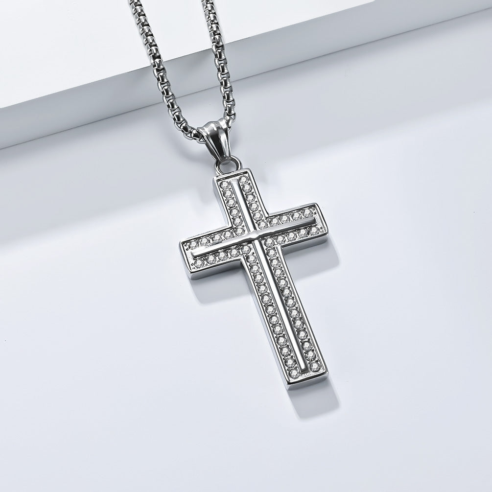 Planderful Shop Titanium Cross Necklace For Men With Double Row Zircon Pendant Bold Hip Hop Faith Jewelry