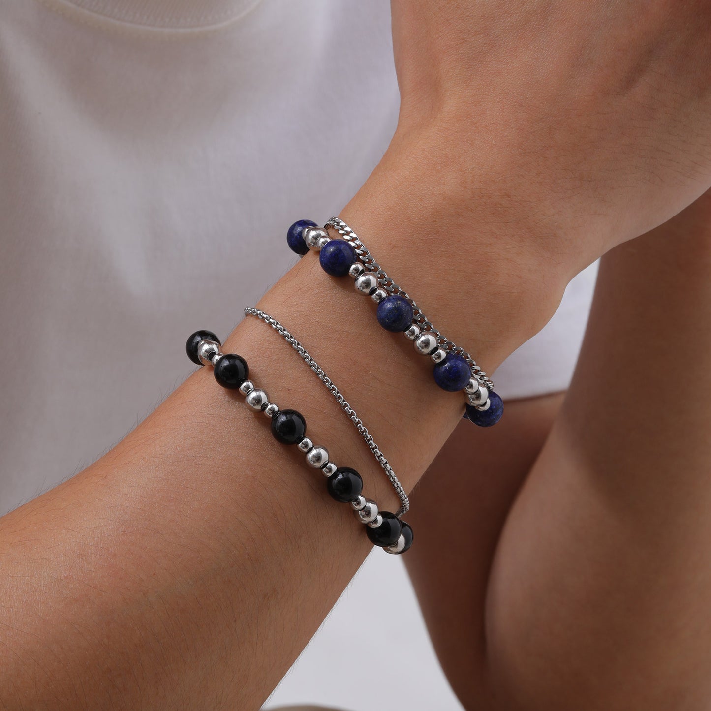 Stainless Steel Grinding Agate Lazuli Beaded Bracelet for Men