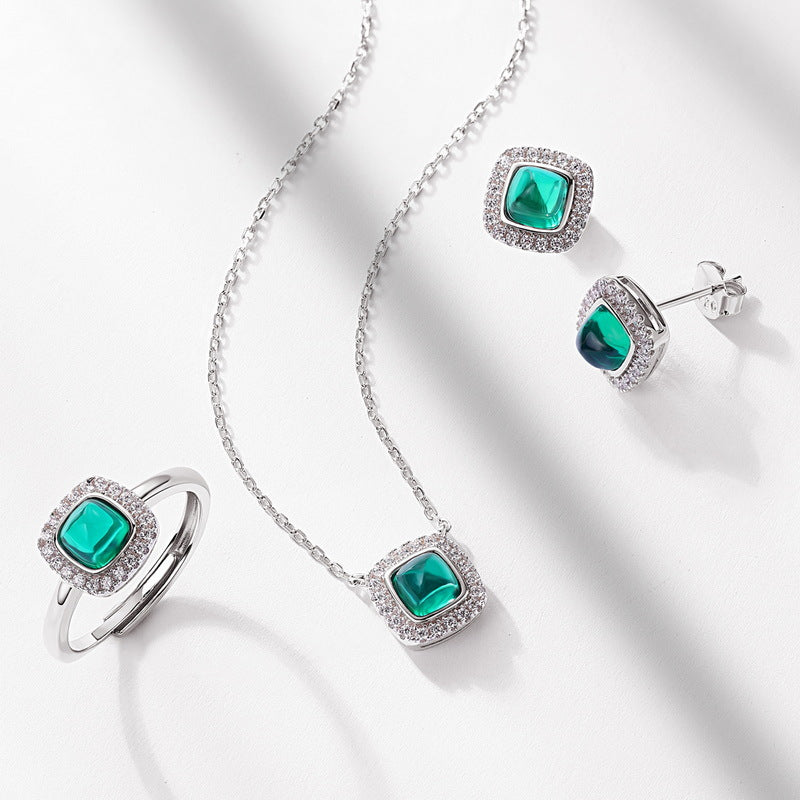 S925 Sterling Silver Lab-Grown Emerald Geometric Pendant Necklace