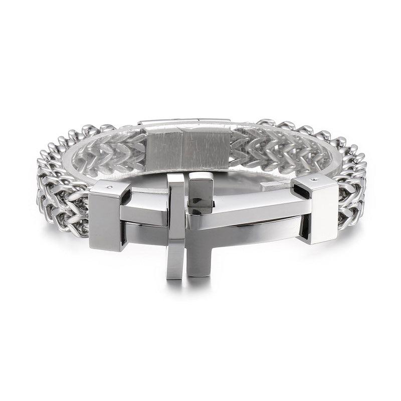 Stylish Men's Titanium Steel Chain Bracelet with Curved Cross Design for Rock Club Fashion