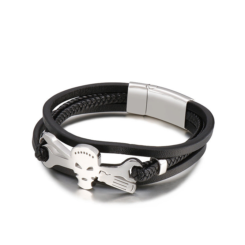 Planderful Mens Skull Bracelet Stainless Steel Leather Rope