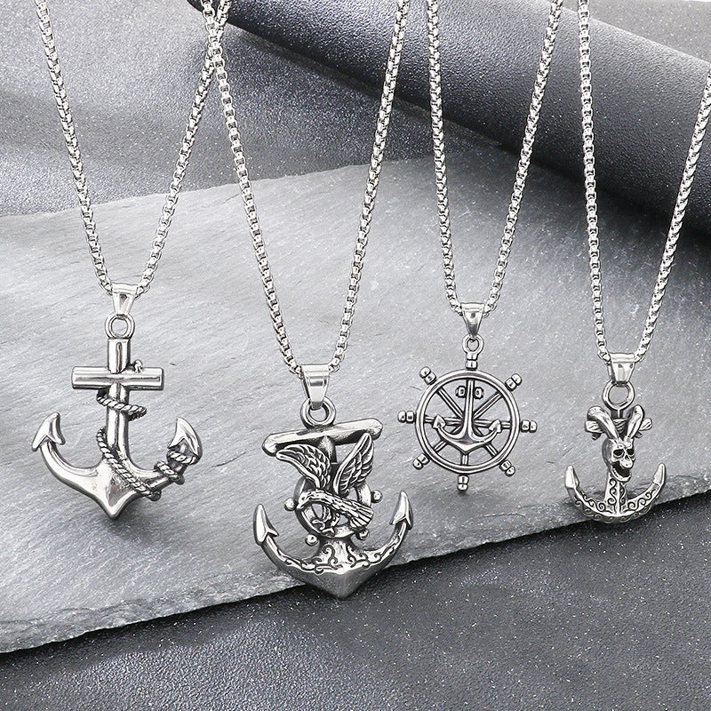 Dark Retro Nautical Rudder Pendant, Punk Retro Cross Skull Head Anchor Titanium Steel Necklace