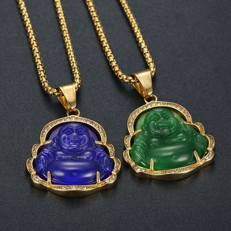 Planderful Maitreya Buddha Pendant Necklace Unisex Gold Plated Titanium Steel Zircon Malay Chalcedony Resin Glazed