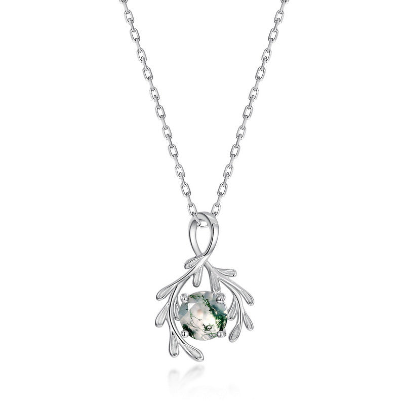 S925 Sterling Silver Moss Agate Pendant Necklace