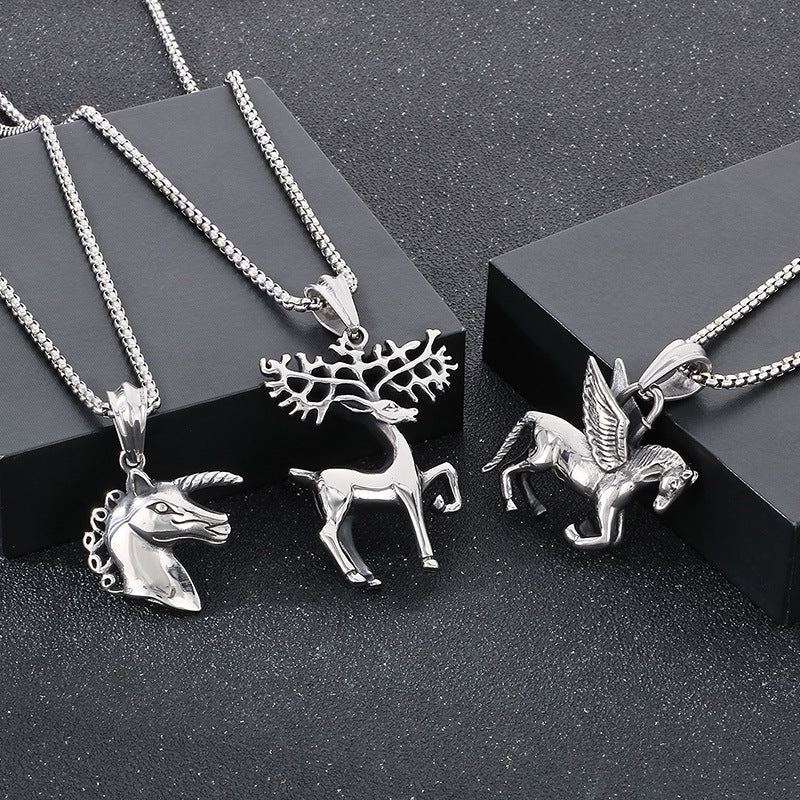 Unicorn Pendant, Retro Dream Pegasus Animal Stainless Steel Men's Pendant Necklace