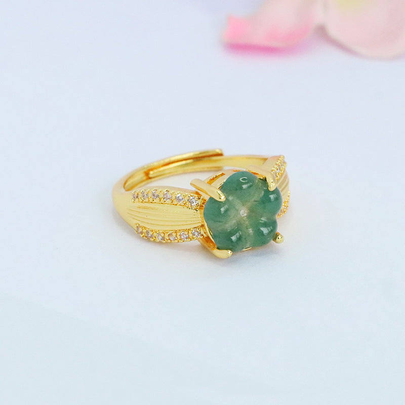 Blue Water Jadeite Four-Leaf Clover 10 mm Ring