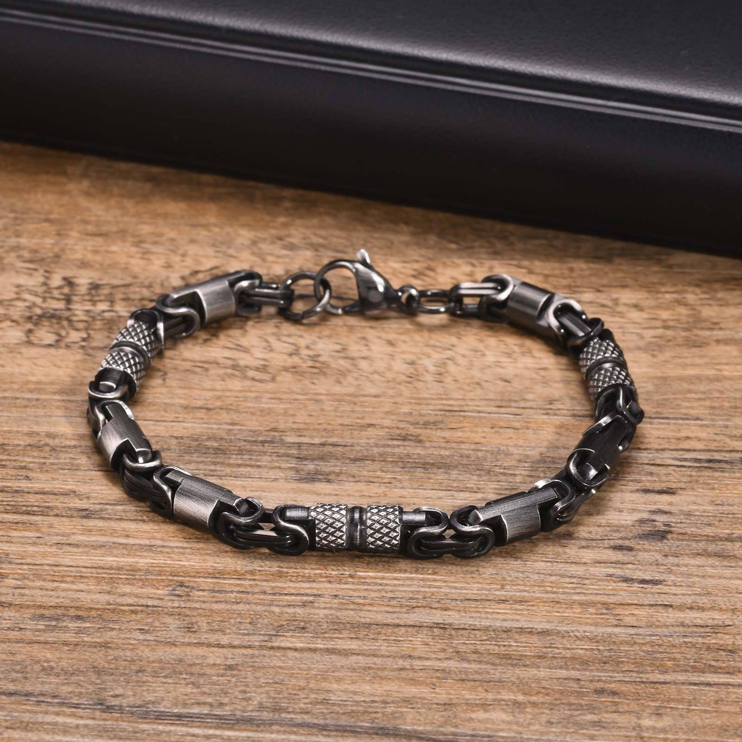 Stainless Steel Byzantine Handmade Chain Bracelet Men's Electric Black