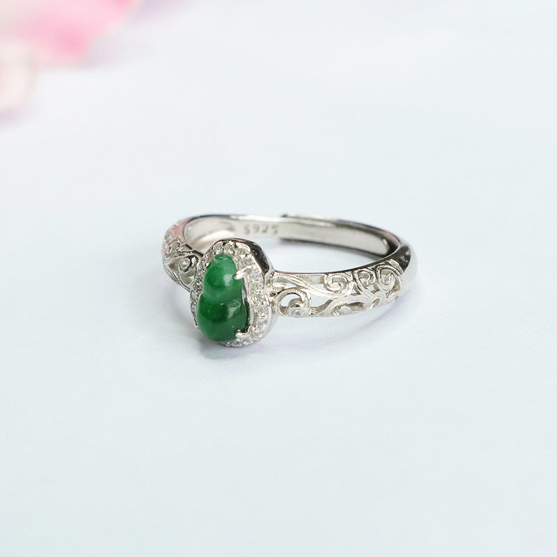 Hollow Sterling Silver Ring with Natural Ice Green Jade Gourd