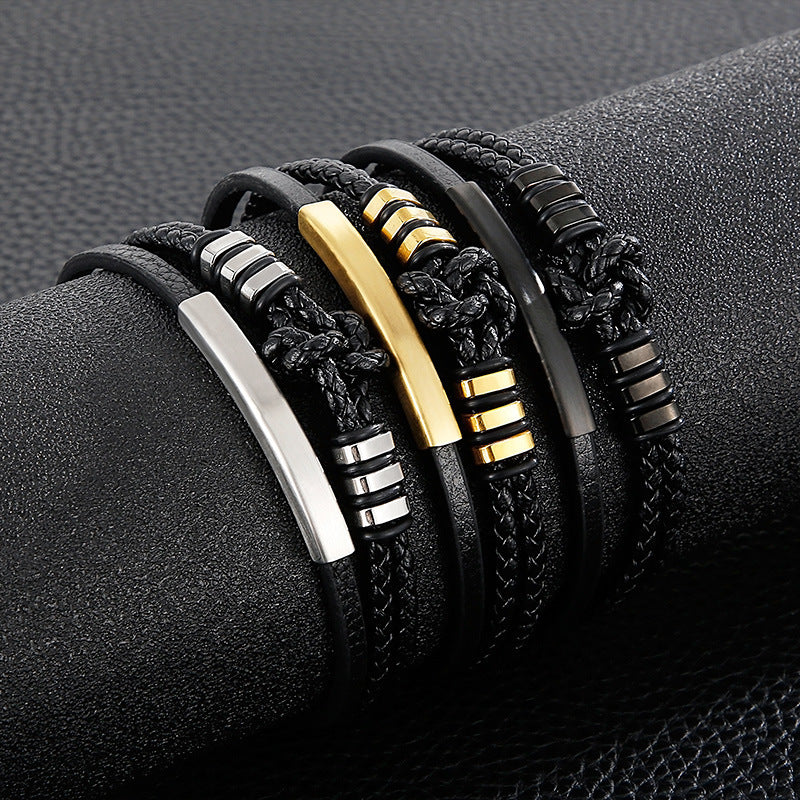 Planderful Handwoven Mens Leather Rope Bracelet Stainless