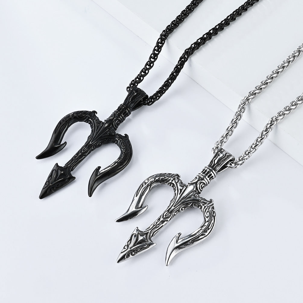 Steel Necklace - Vintage Trident Pendant For Men Everyday Hip Hop Jewelry By Planderful
