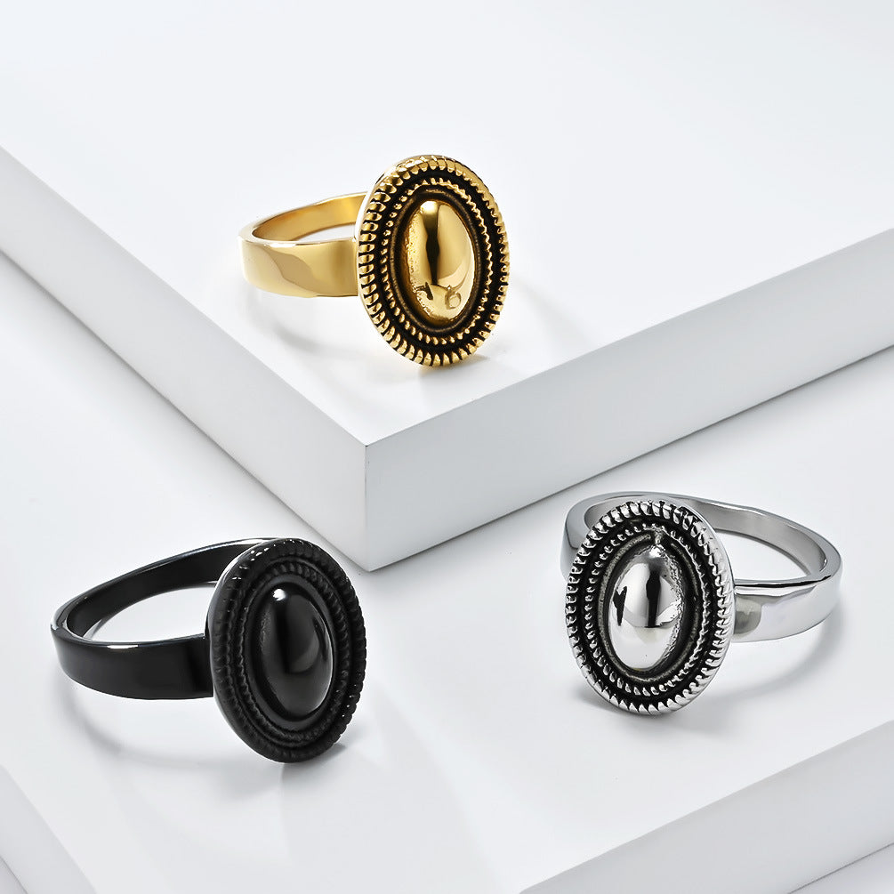 Planderful Personalized Retro Mirror Oval Ring For Women, Twist Edge Steel Jewelry, High Fashion Everyday Genie