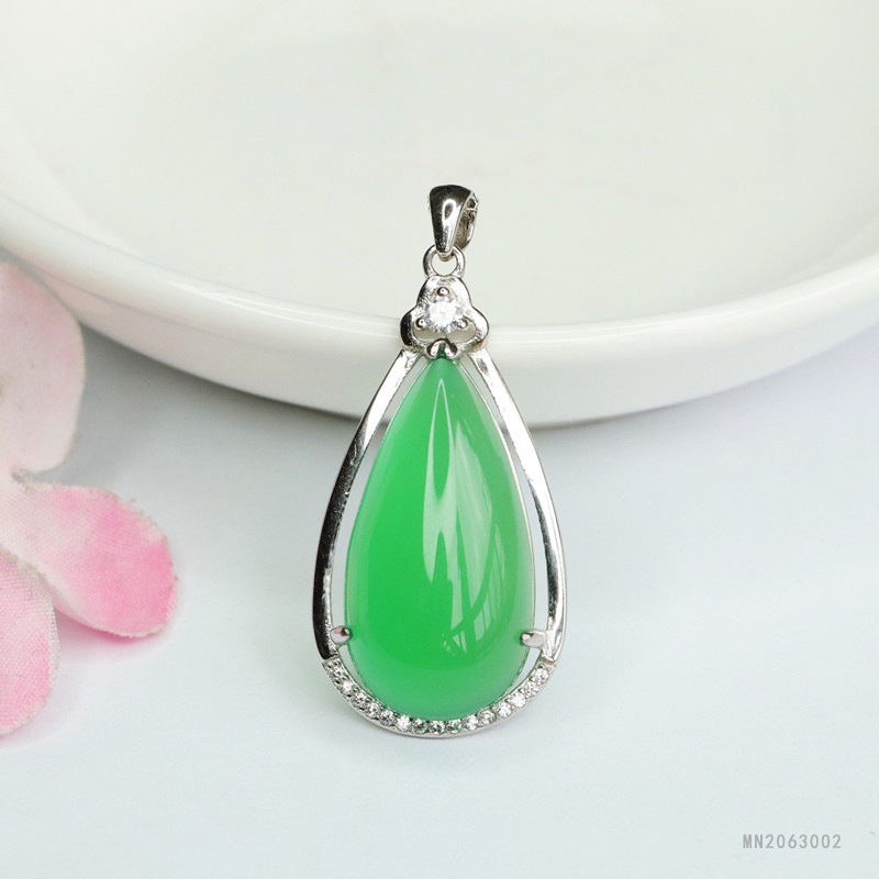 Green Chalcedony Teardrop Silver Pendant — No Chain