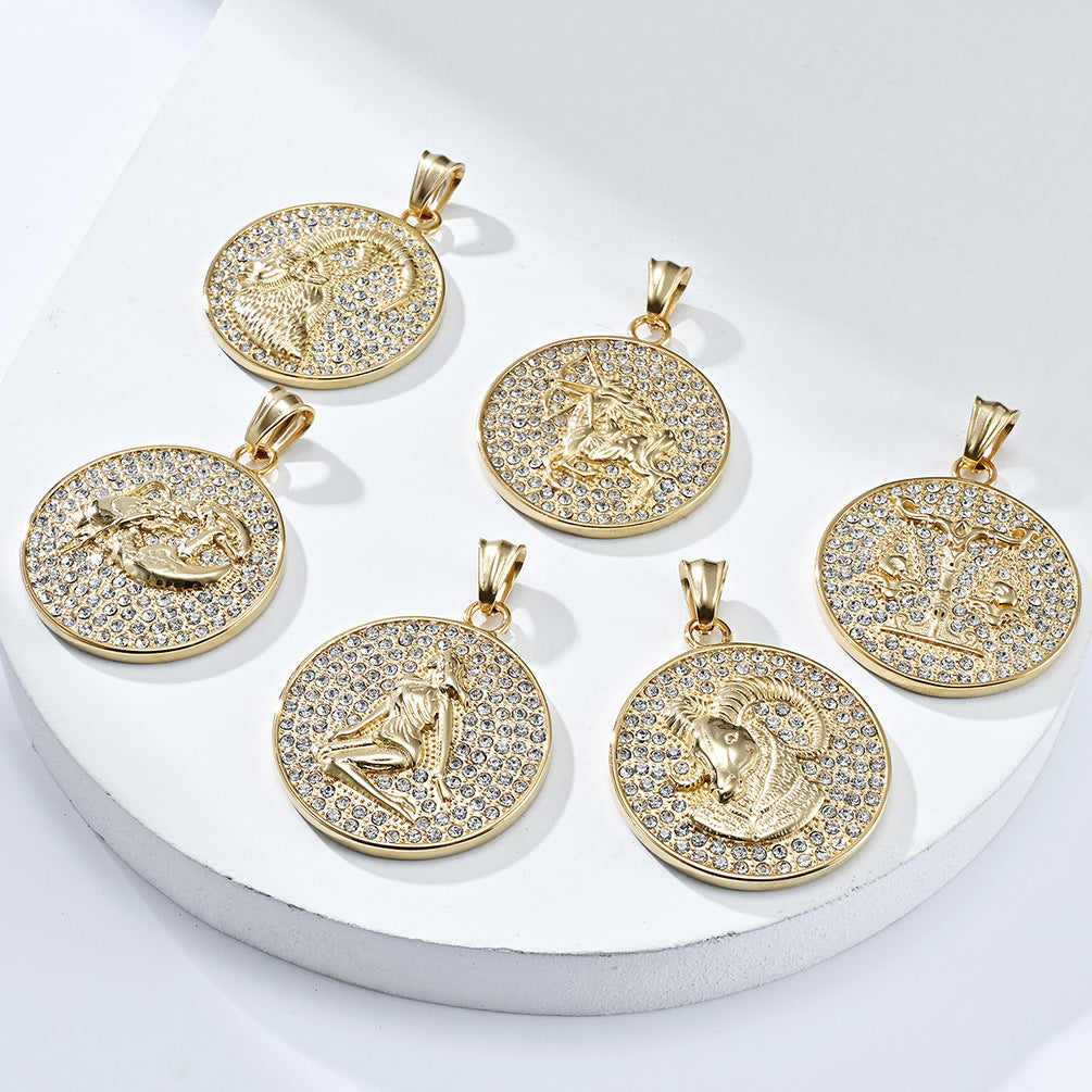 Planderful Twelve Constellations Zircon Titanium Steel Pendant For Hip Hop Style Fans
