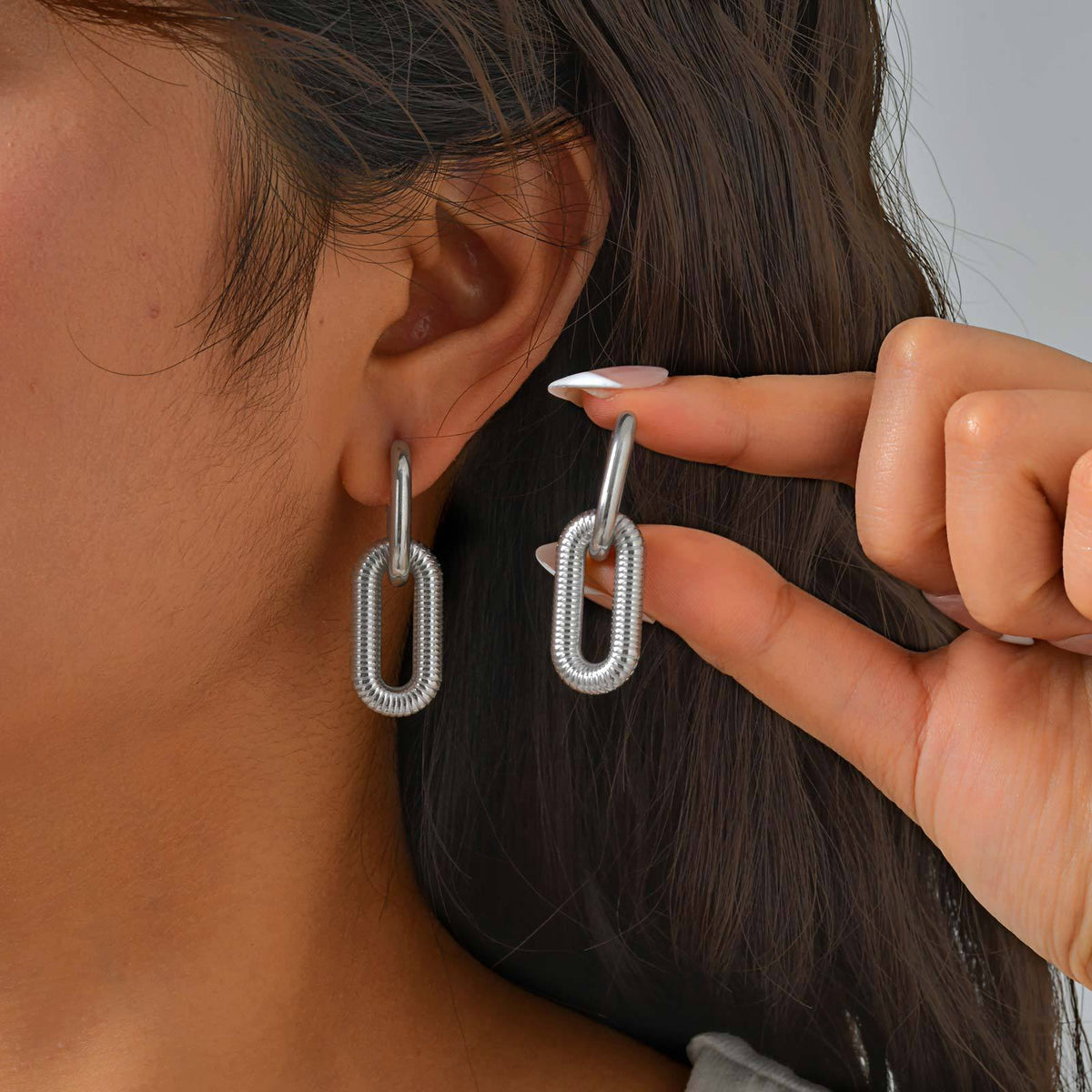 Textured Oval-Link Stainless Steel Drop Earrings
