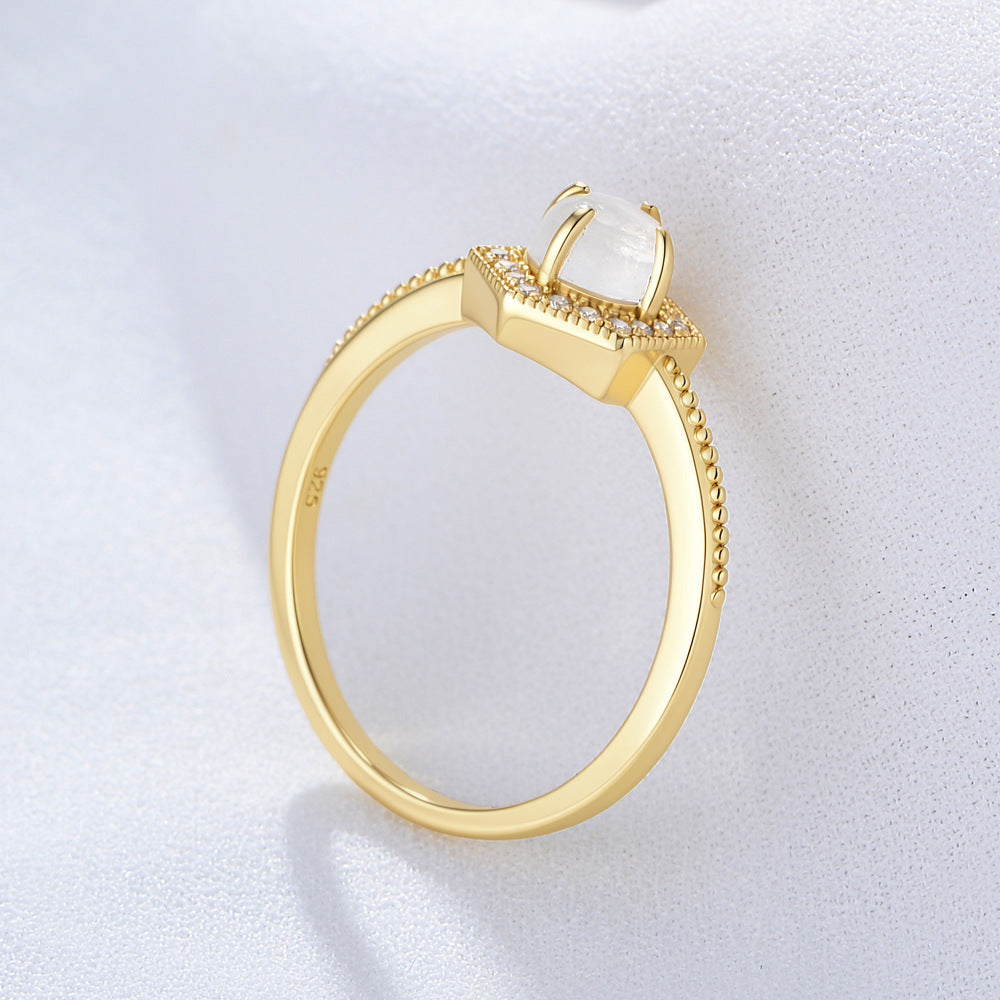 S925 Sterling Silver Geometric Hexagonal Natural Moonstone Ring