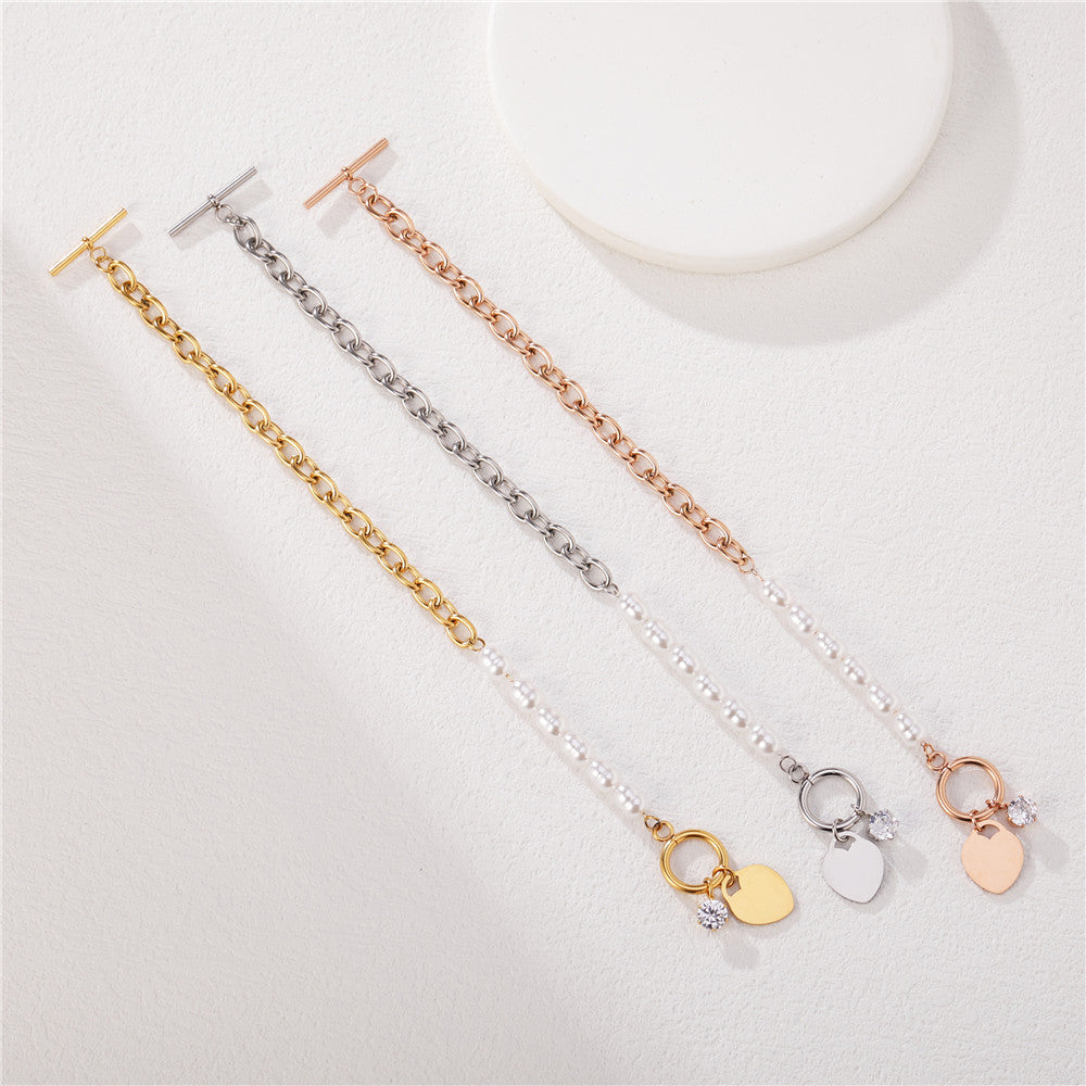 Pearl Peach Heart Titanium Steel Bracelet For Women Planderful Everyday Genie Statement Jewelry