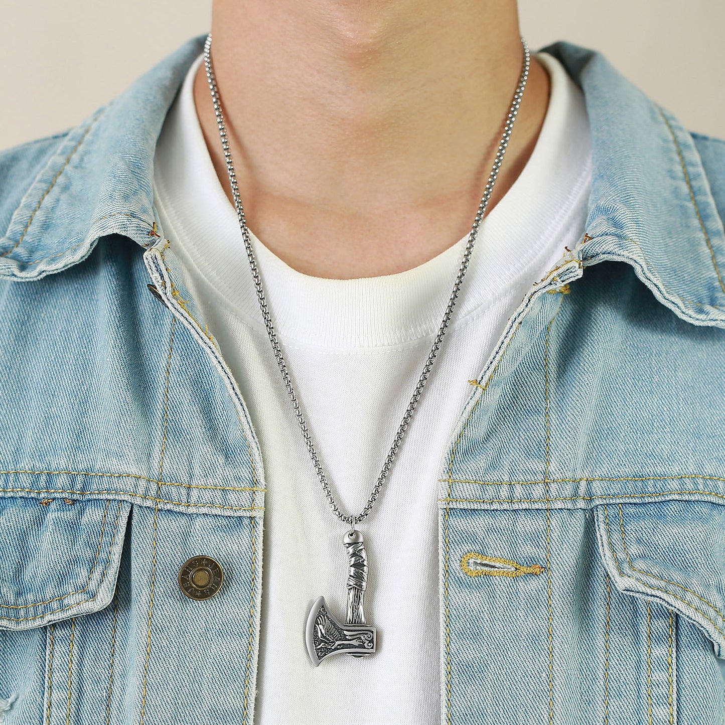 Stainless Steel Viking Axe Element Pendant Necklace Grey Men's