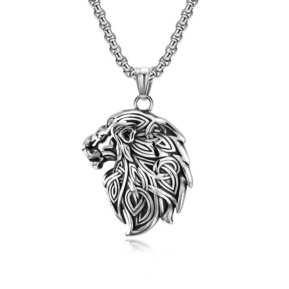 Planderful Viking Lion Head Pendant Necklace Durable Steel Triangular Knot Design For Him Bold Nordic Totem
