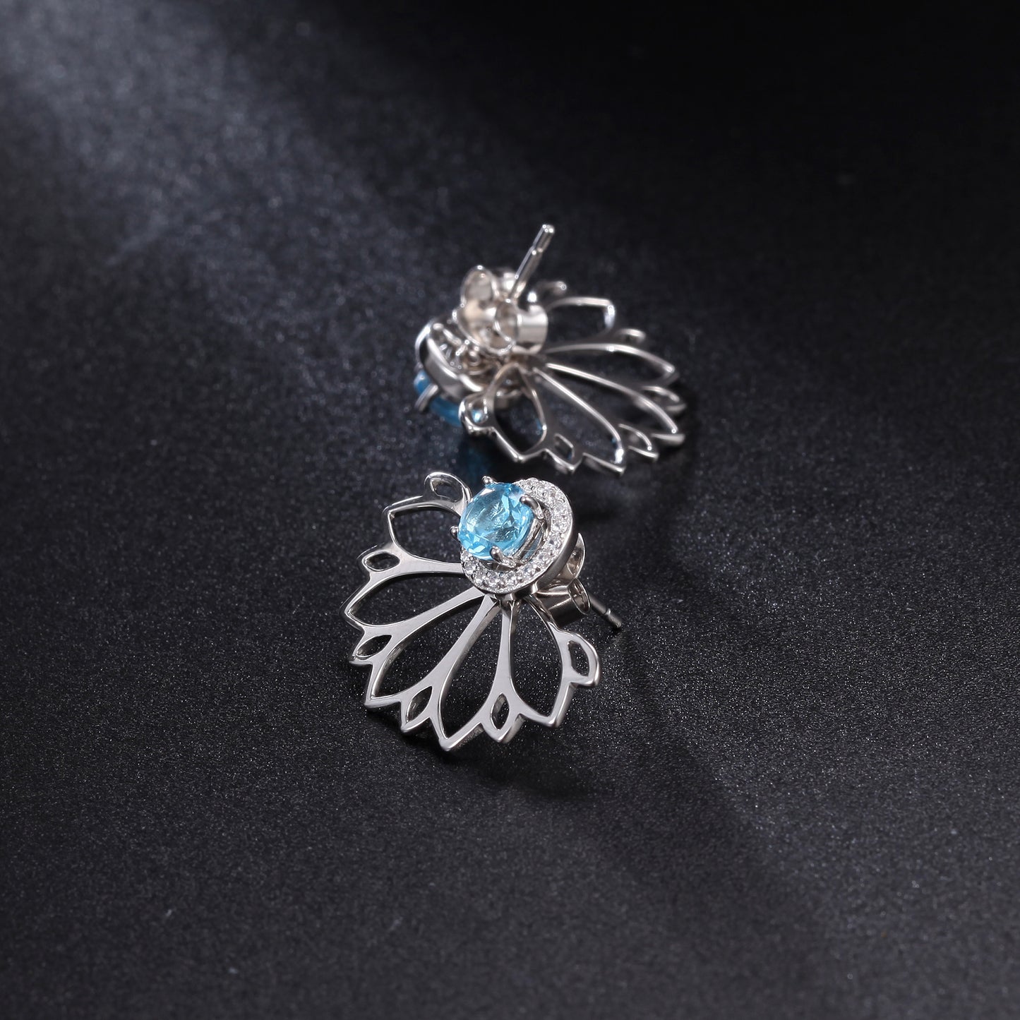 Semicircle Hollow Petals Round Cut Natural Gemstone Silver Stud Earrings