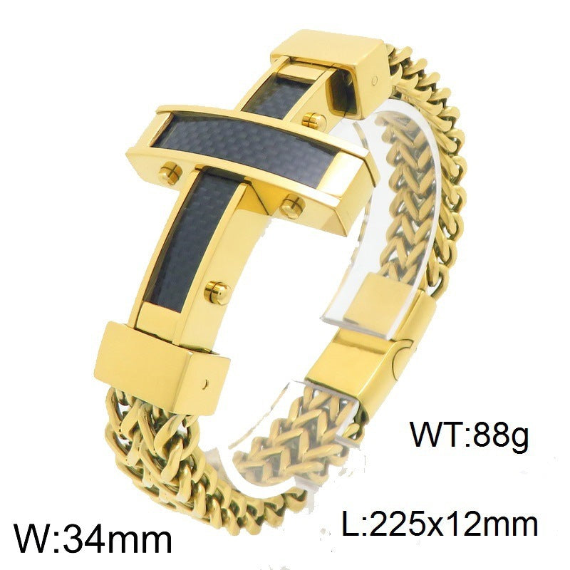 Hip Hop Carbon Fiber Cross Double Layer Front & Back Chains Magnetic Buckle Stainless Bracelet