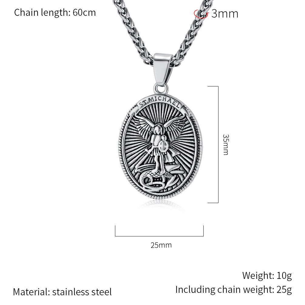 Steel Necklace - Vintage Archangel Oval Pendant For Everyday Wear And Spiritual Symbol Jewelry By Planderful
