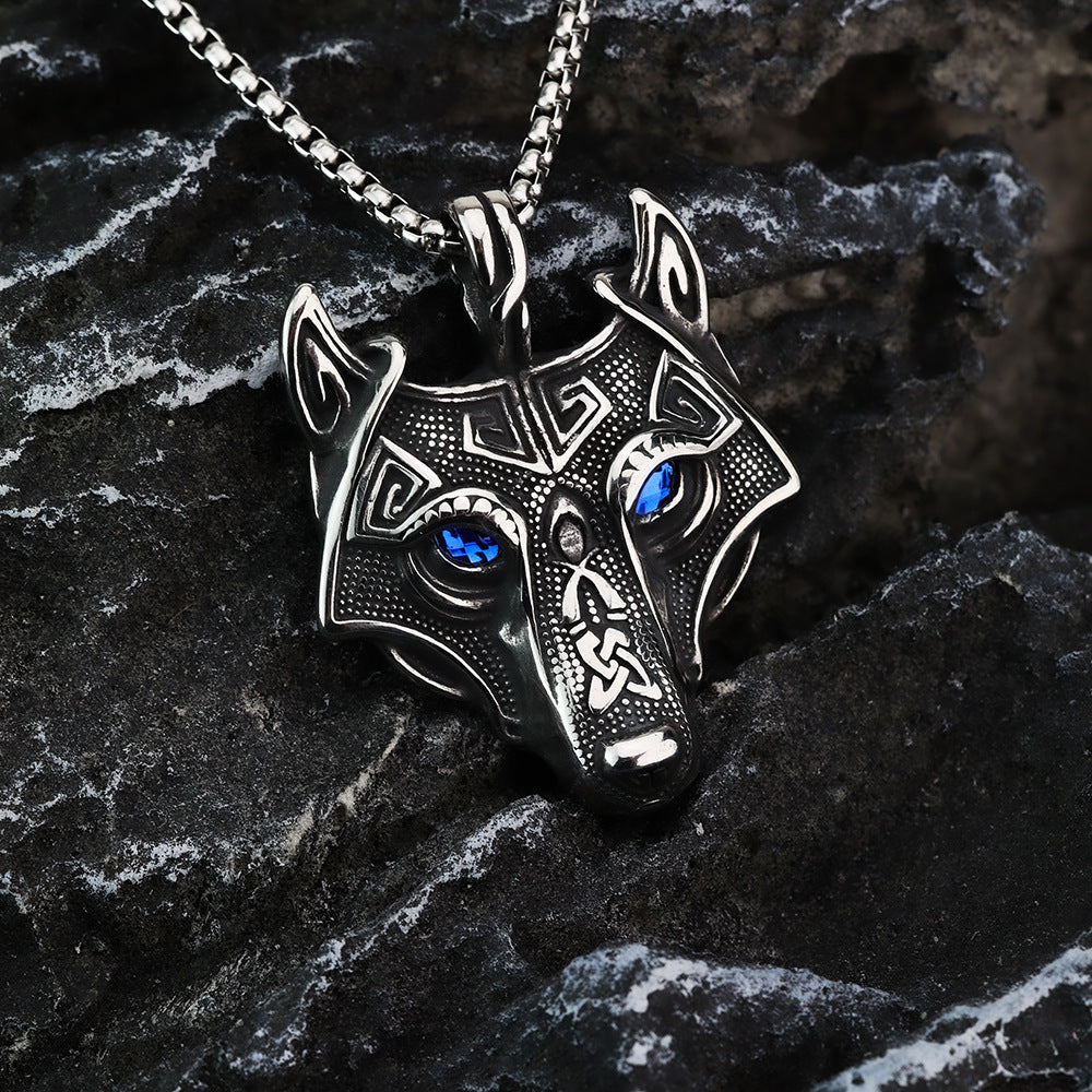 Planderful Titanium Viking Wolf Pendant Bold Unisex Necklace Norse Legacy Multi Color Eye Accent