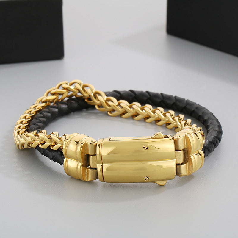 Stylish & Double-Layer Spliced Leather Bracelet – Vacuum Electroplated Spring Buckle