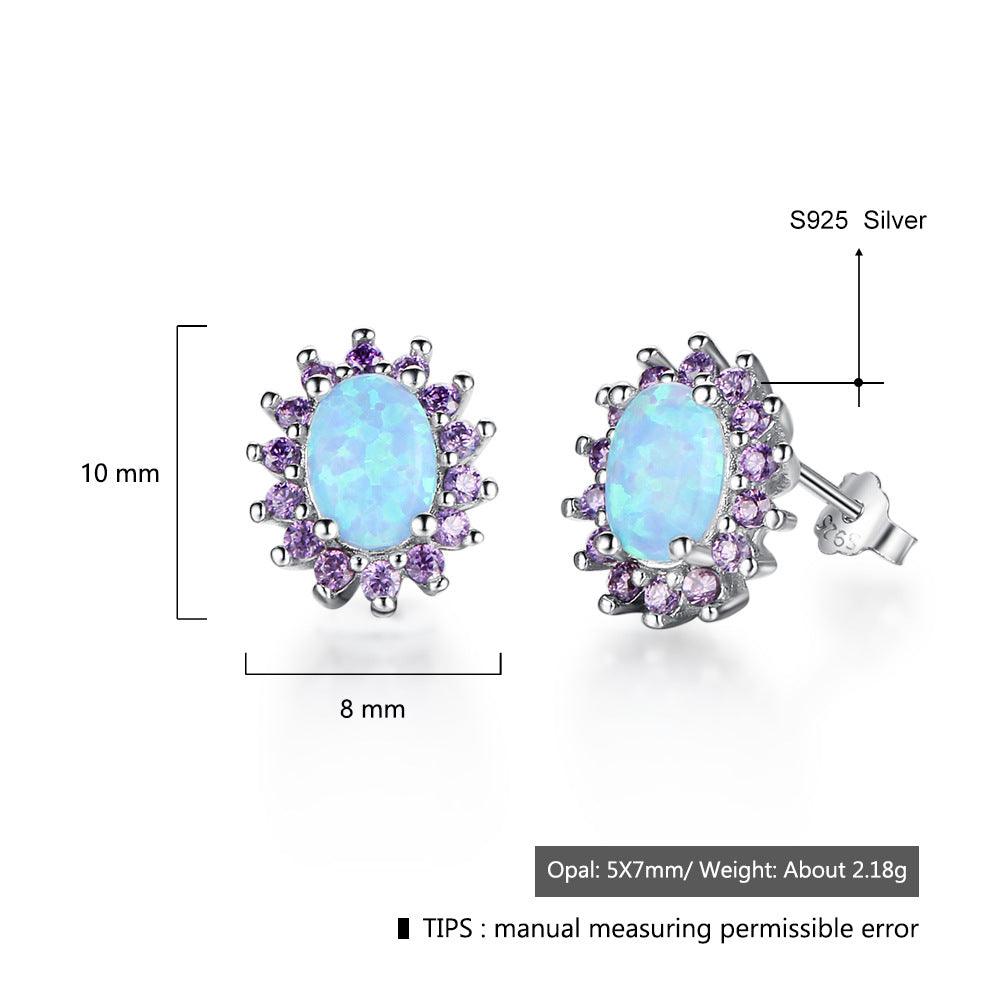 Planderful Jewelry Sterling Silver Opal Stud Earrings With Purple Zircon Halo Sunflower Design