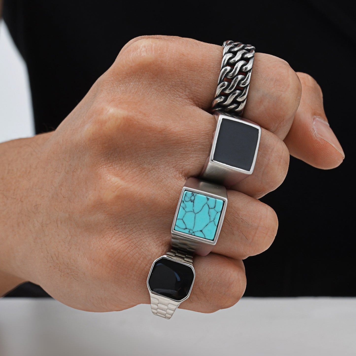 Retro Mens Punk Turquoise Titanium Steel Chain Ring