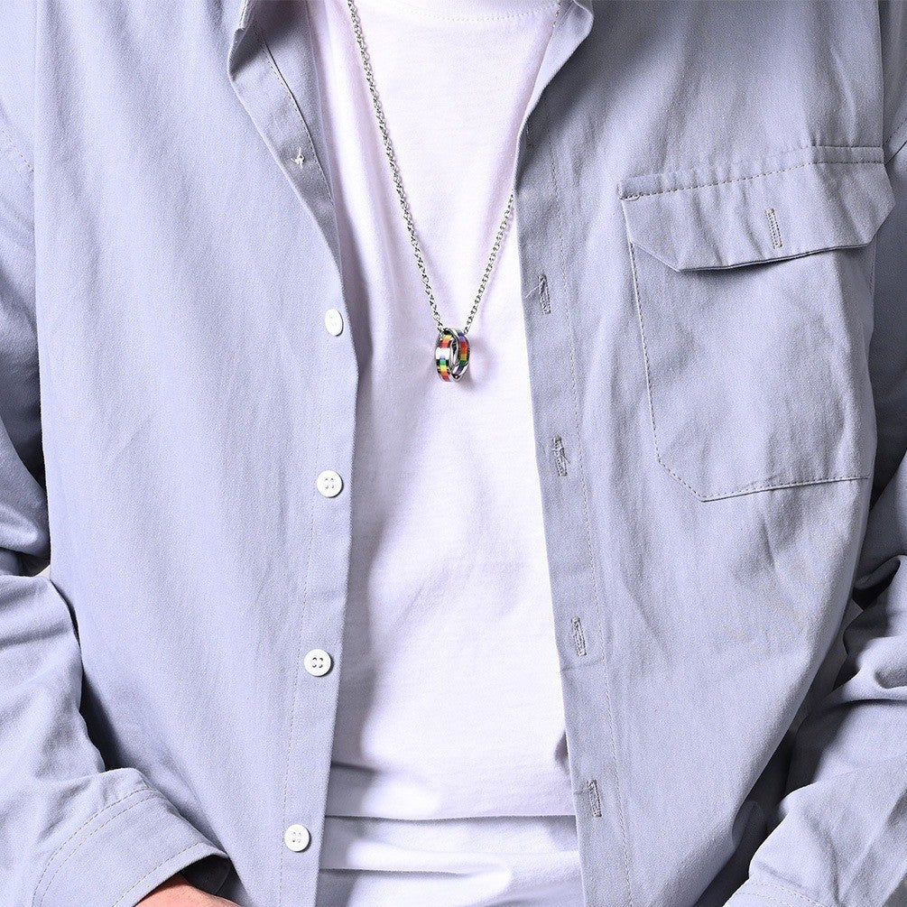 Luxury Titanium Steel Rainbow Double-Ring Necklace for Men