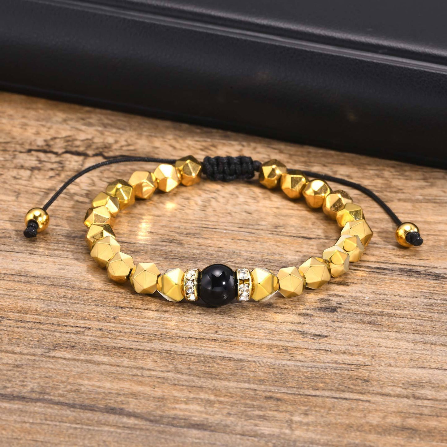 Men's Gold Black Gallstone Slice Glossy Agate Beaded Bracelet
