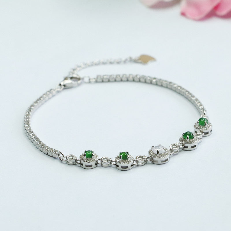 Green Jadeite Ice-White Cabochon Bracelet