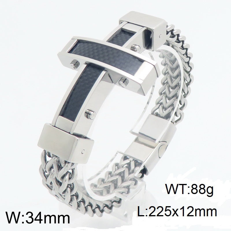 Hip Hop Carbon Fiber Cross Double Layer Front & Back Chains Magnetic Buckle Stainless Bracelet