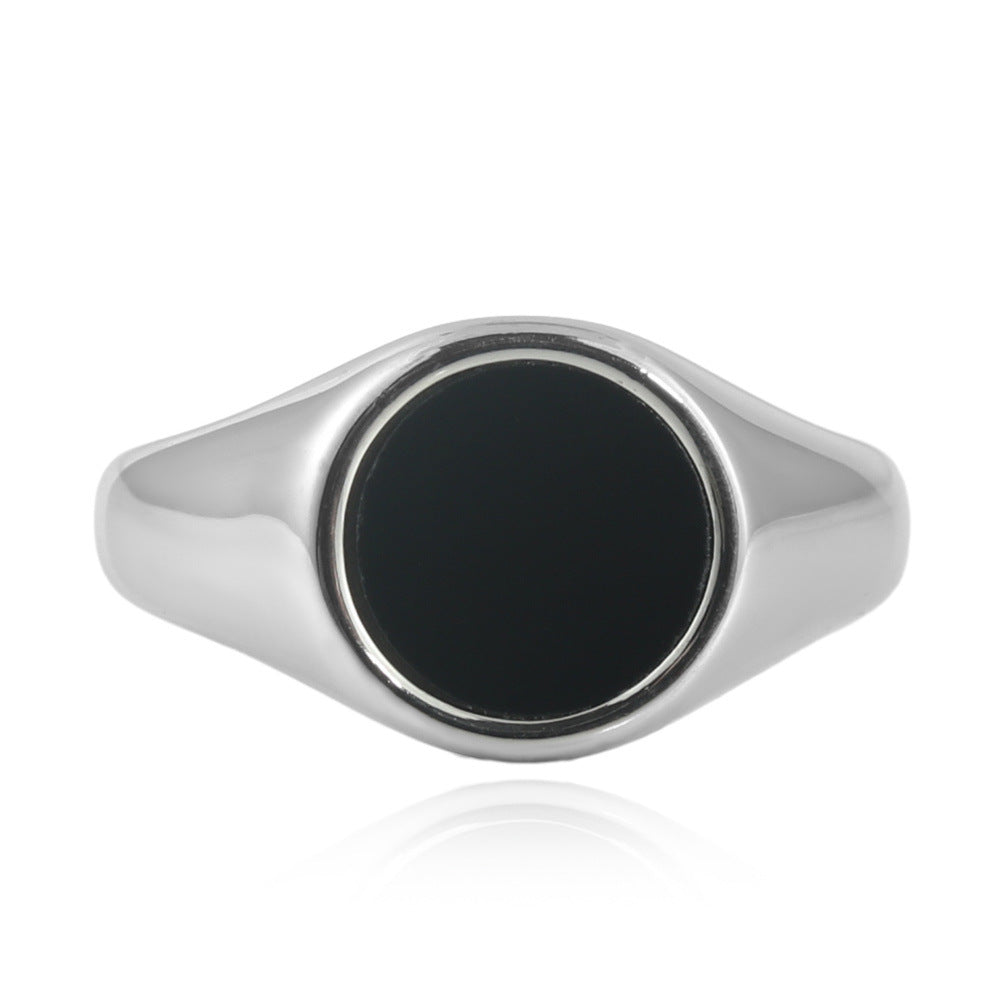 Men's Retro Black Round Ring in Titanium Steel - European and American Style