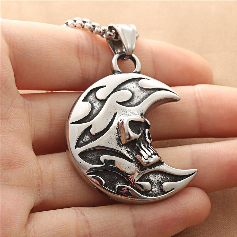 Punk-Inspired Titanium Steel Moon Skull Pendant Necklace for Men