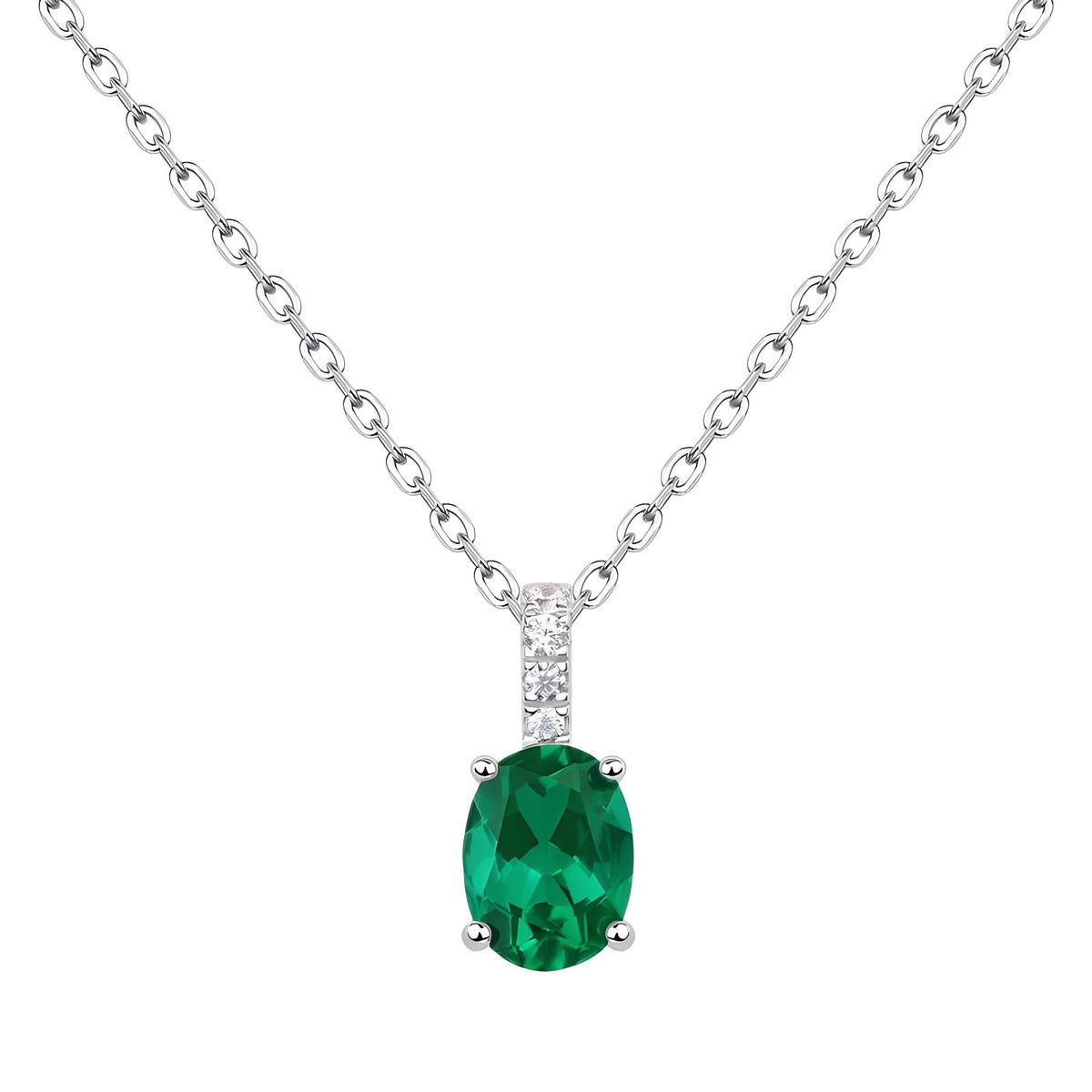 S925 Sterling Silver Lab-Grown Emerald Oval Vintage-Inspired Necklace