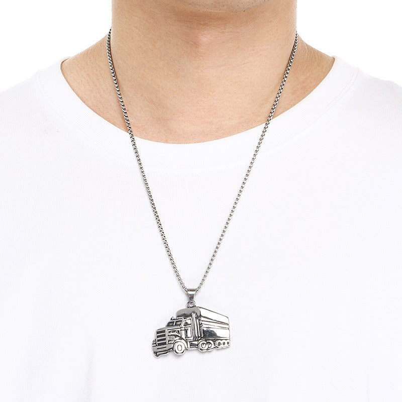 Style Skull Motorcycle Pendant, Punk Stainless Steel Trendy Man Truck Locomotive Pendant Necklace