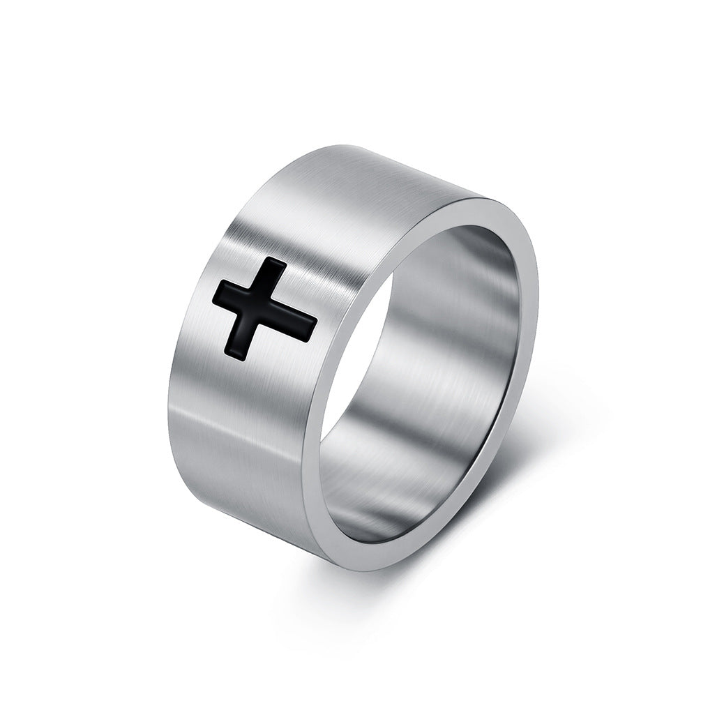 Matte Flat Stainless Steel Cross Ring Men's Cold Cross