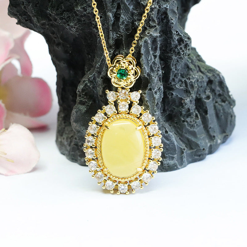 Golden Amber Beeswax Necklace with Zircon Halo