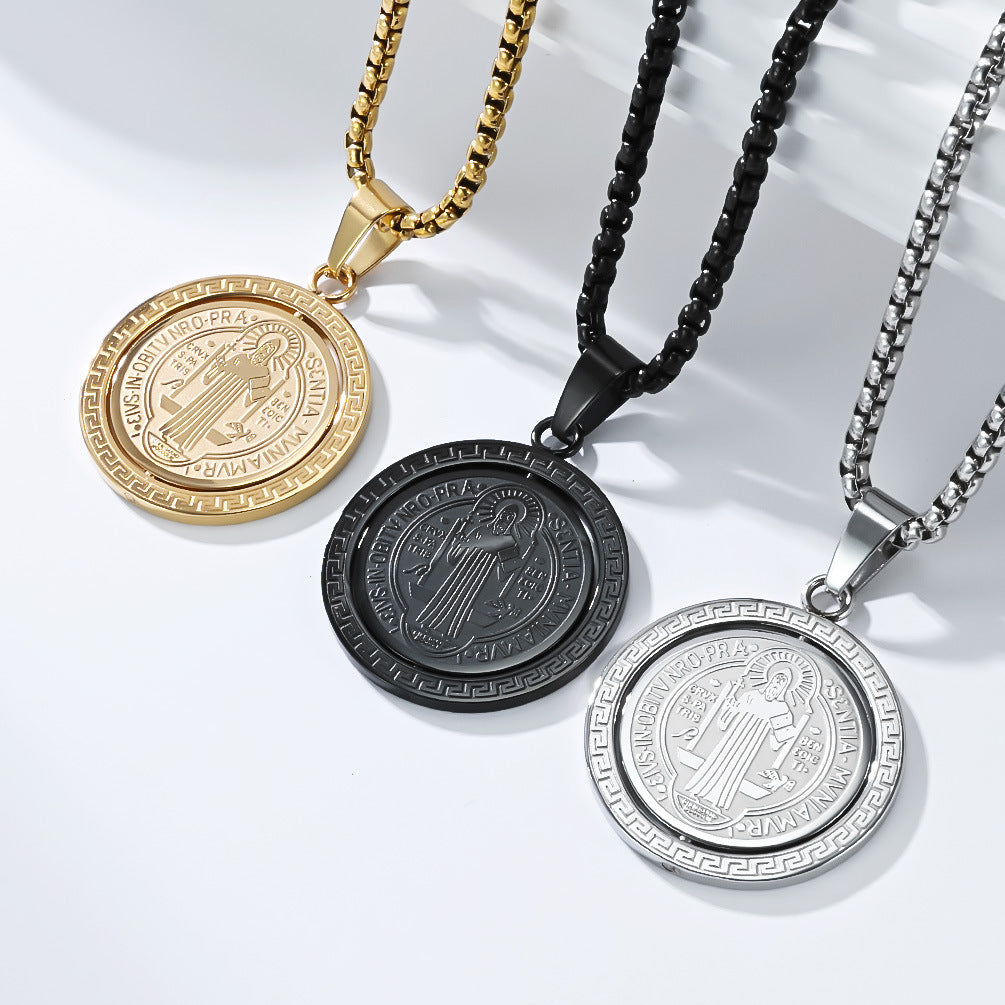Planderful Saint Benedict Necklace For Men Rotatable Double Sided Stainless Steel Pendant Chain