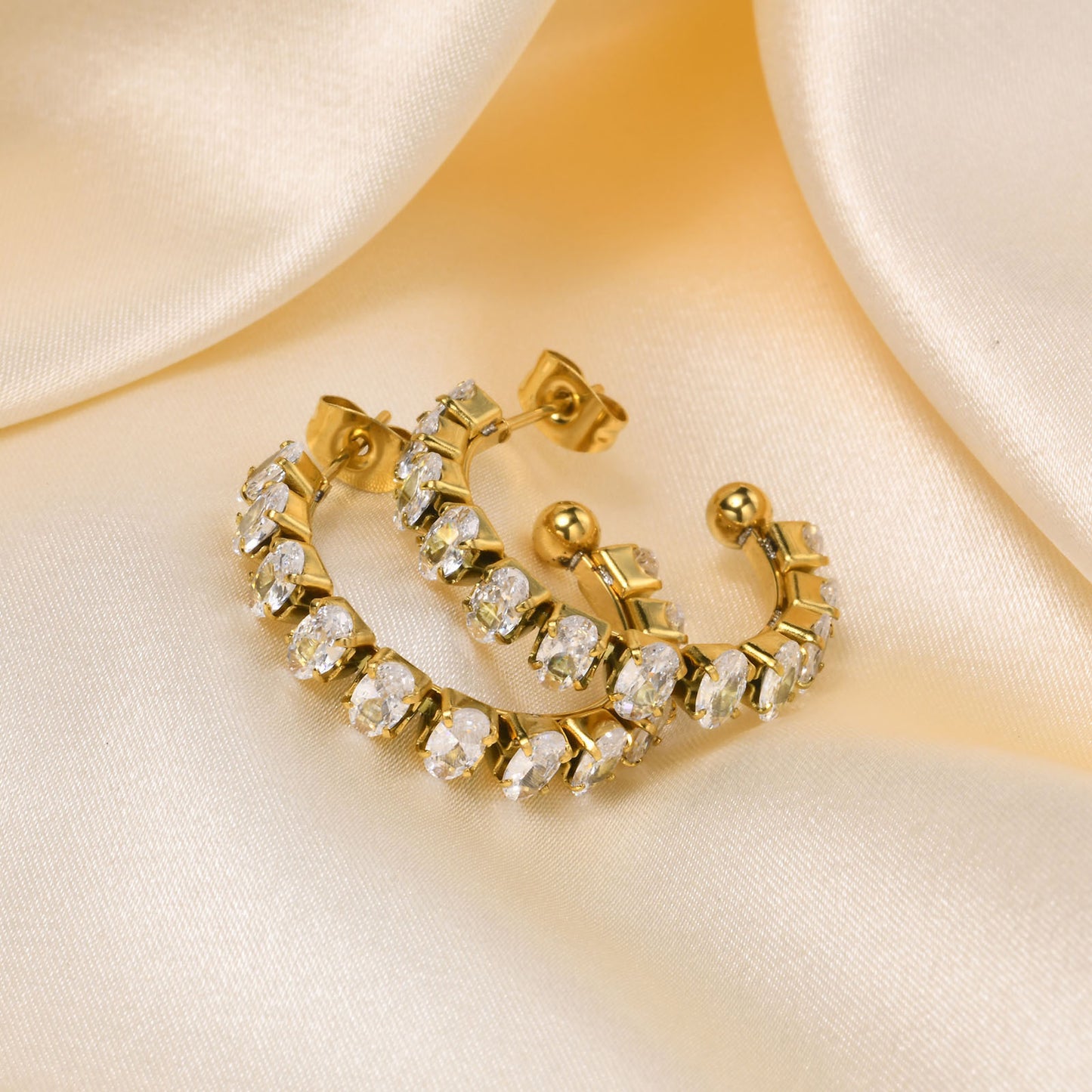 Stainless Steel White Zircon 18K Gold U-Shaped Earrings Women's