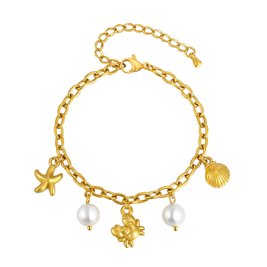 Summer Seaside Leisure Ocean-Inspired Stainless Steel Long Cross Chain Imitation Glass Bracelet