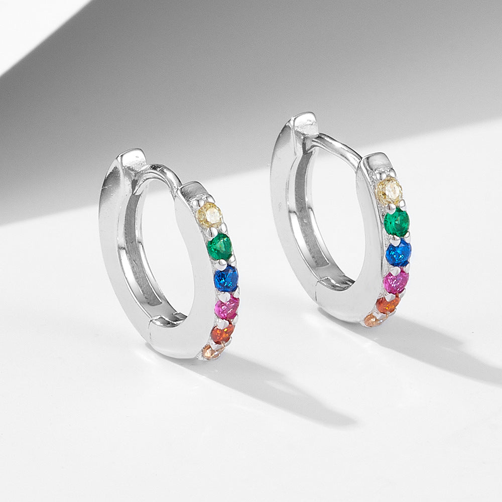 S925 Sterling Silver Round Micro-Inlaid Colored Zircon Ear Buckle Earrings