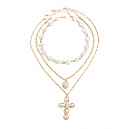 Baroque Pearl Cross Layered Necklace