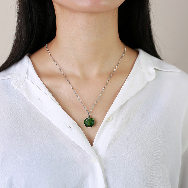 Stainless Steel Green Pink Glass Apple Urn Perfume Pendant Necklace