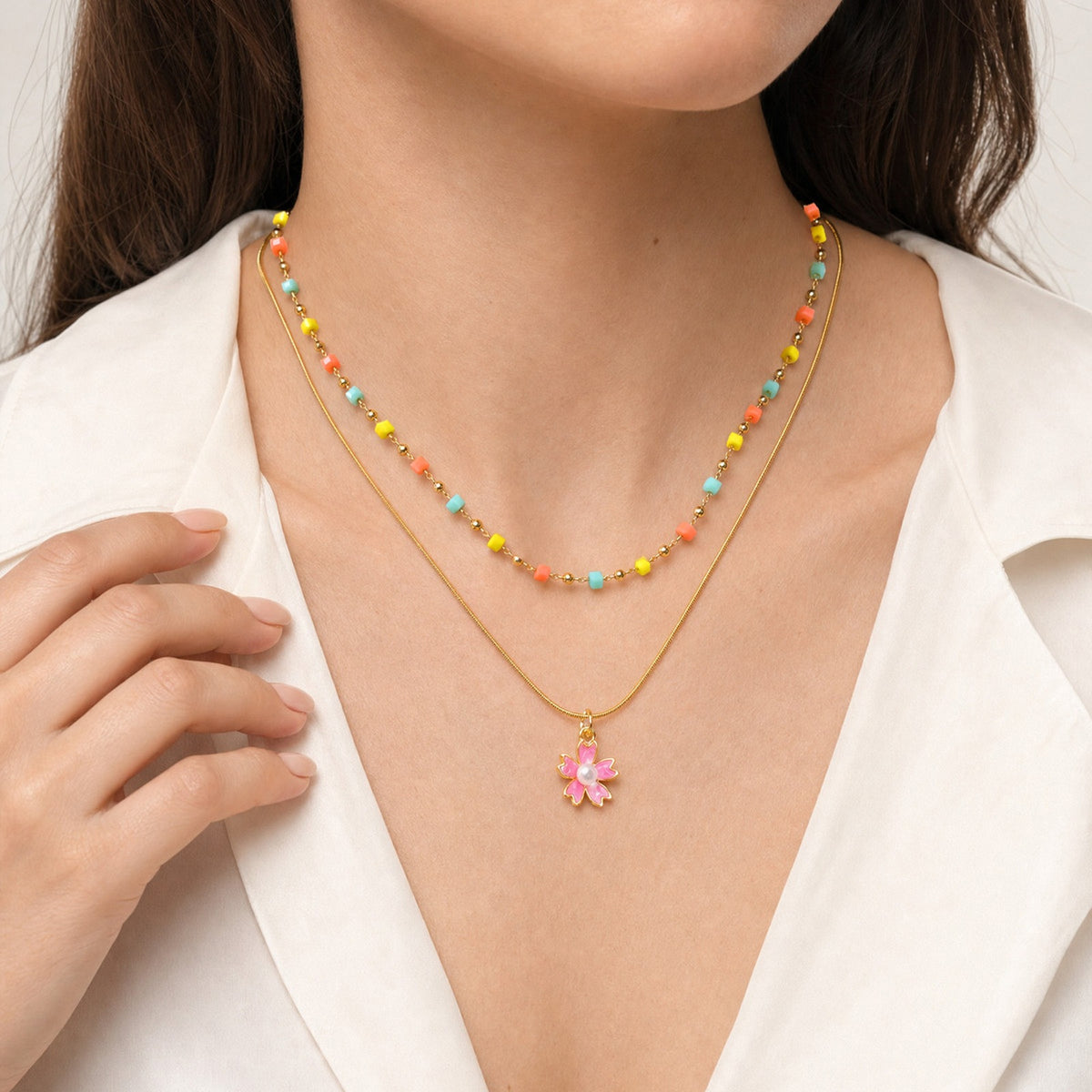 Ladies Pink Oil Drop Flower Imitation Pearl Pendant Necklace – Copper Sweet Flower
