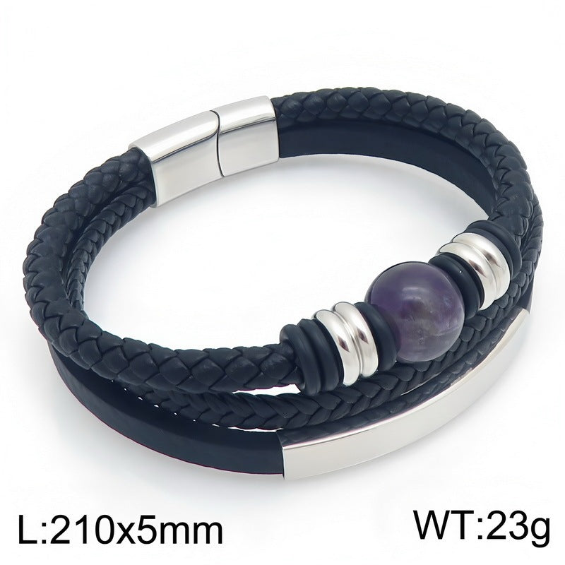 Turquoise Tiger's Eye Stone Multi-Layer Woven Leather Bracelet Lettering Curved Bar